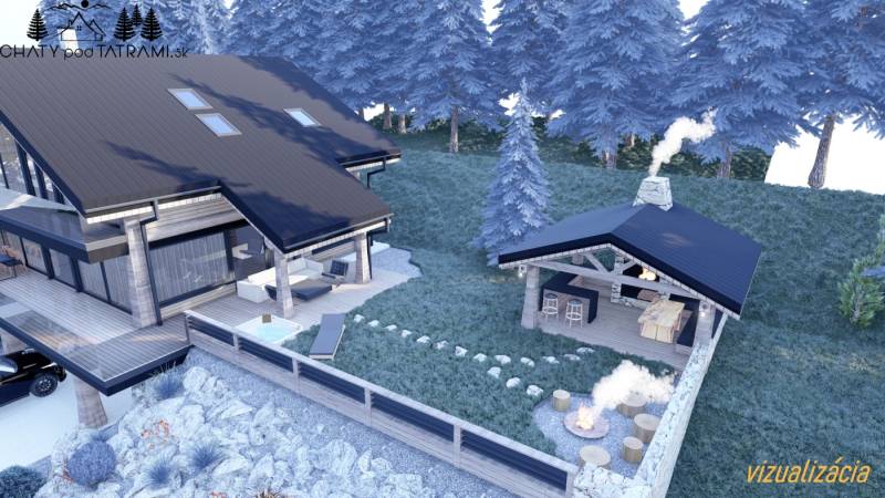 Vizualizace rekreační chaty s altánem a ohništěm v lokalitě Pozemky - bydlení, Mýto pod Ďumbierom.