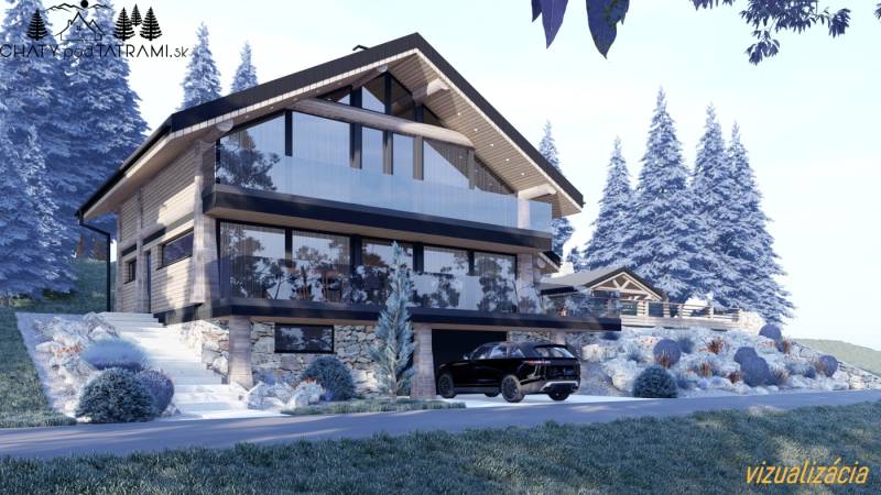 Dřevěná chalupa se zasklenou terasou v zimní krajině v Mýtě pod Ďumbierom.