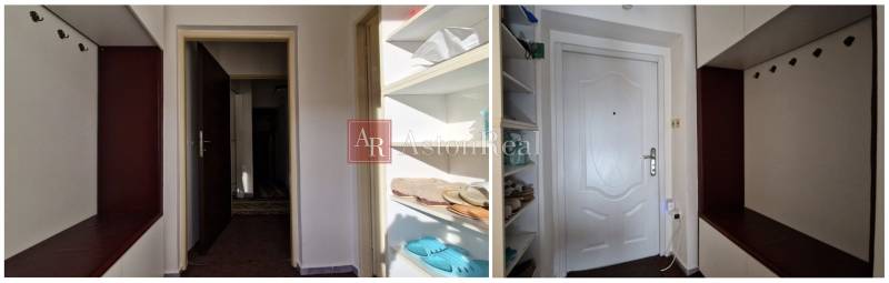 Interiér rodinného domu s botami na poličkách a bílými dveřmi.