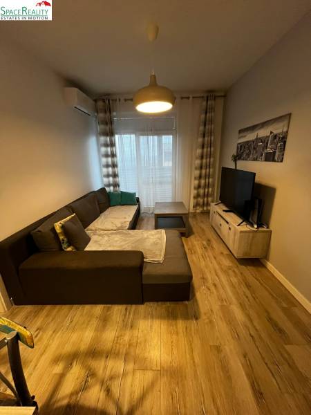 Obývací pokoj v 2-pokojovém bytě s pohodlnou sedačkou a podlahou s dřevěným dekorem.