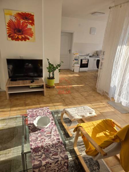 Obývací pokoj v rodinném domě s pohovkou, televizí a výhledem na kuchyň.