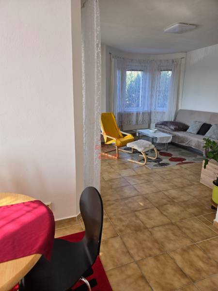 Obývací pokoj v rodinném domě s oknem, žlutým křeslem a stolkem.