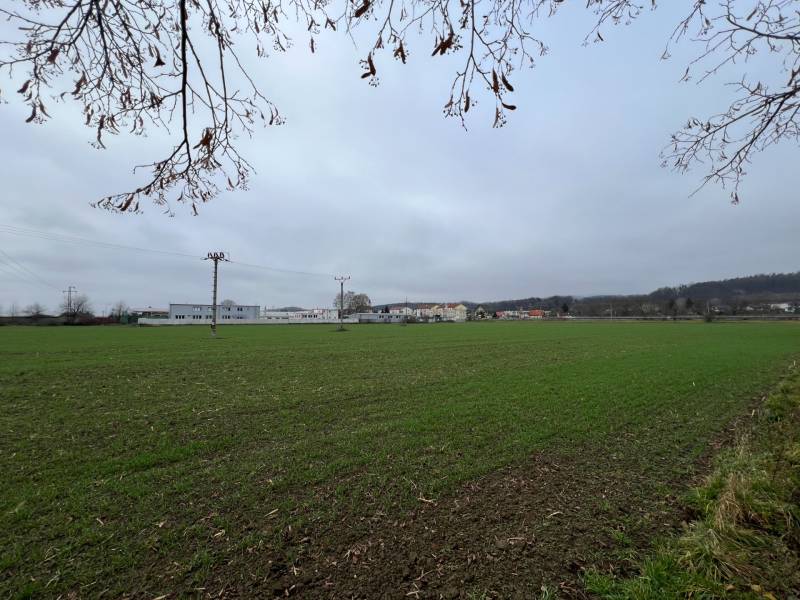 Zeleň a budovy v Pruském, Pozemky - komerční rozložené v pozadí.