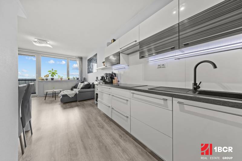 Kuchyně a obývací pokoj v 2pokojovém bytě s podlahou s dřevěným dekorem.