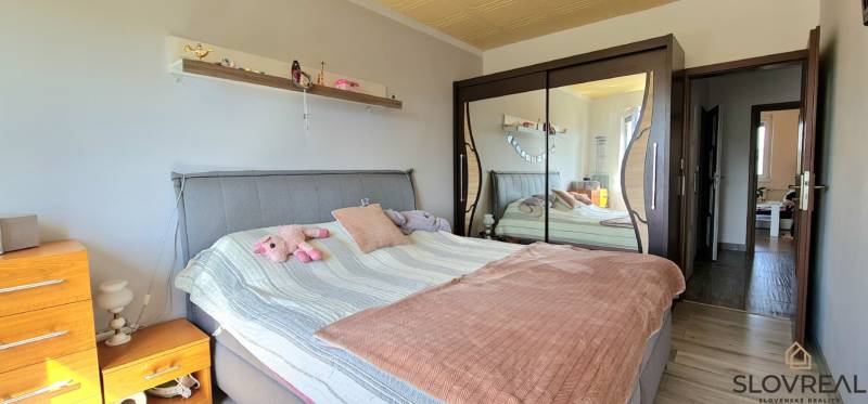 Ložnice v dvoupokojovém bytě se zrcadlovou skříní a čalouněnou postelí.