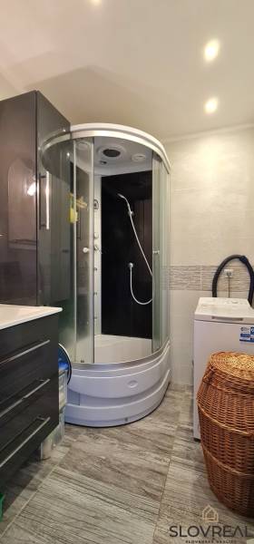 Koupelna v 2-pokojovém bytě se sprchovým koutem a pračkou, dlaždice s dřevěným dekorem.