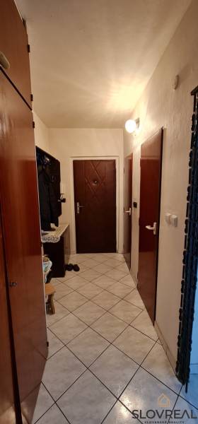 Vstupní chodba v 3-pokojovém bytě s dlažbou a tmavými dveřmi.