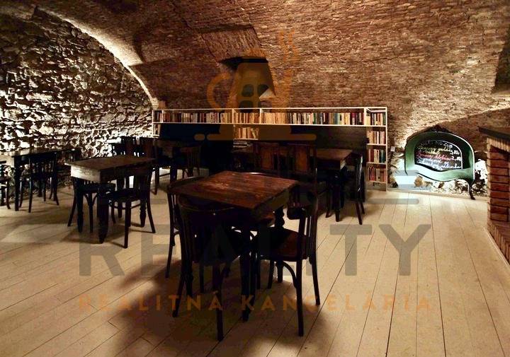 Interiér gastro prostoru s kamennými stěnami, podlaha s dřevěným dekorem, knihovna.