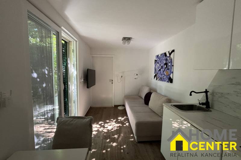 Interiér rodinného domu s pohovkou, dekorativním obrazem a kuchyňskou linkou.