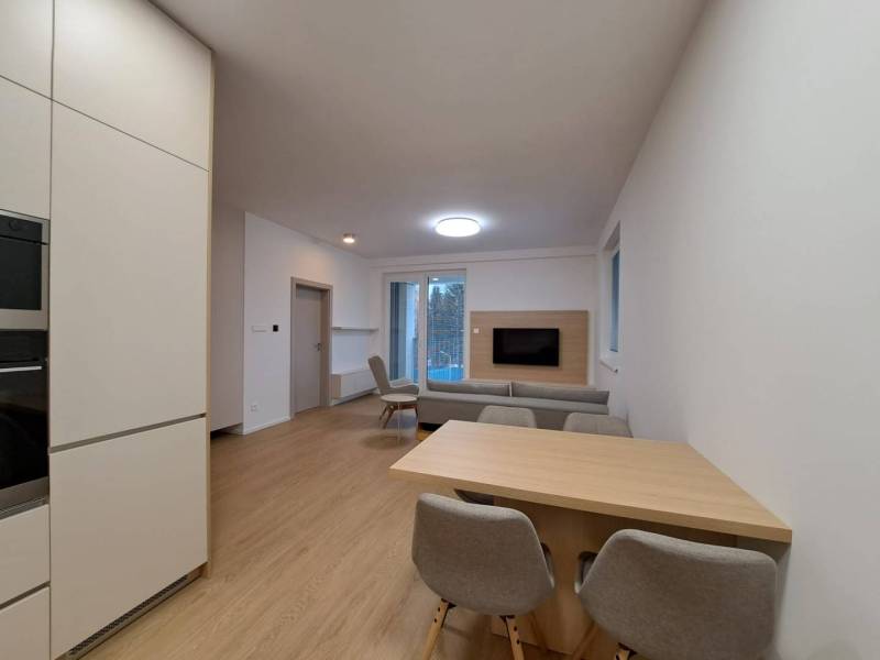 Obývací pokoj v 2pokojovém bytě s podlahou s dřevěným dekorem a otevřenou kuchyní.