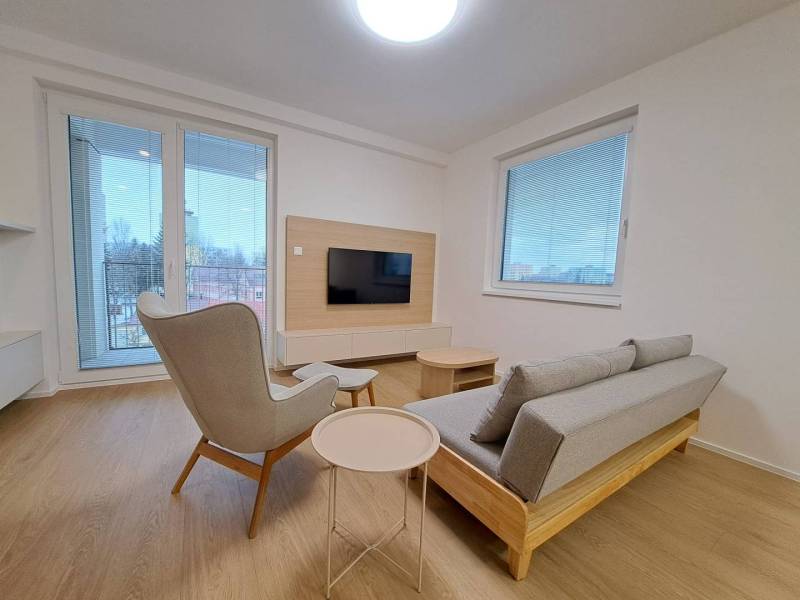 Obývací pokoj v 2-pokojovém bytě s podlahou s dřevěným dekorem, šedou sedačkou a pohodlným křeslem.