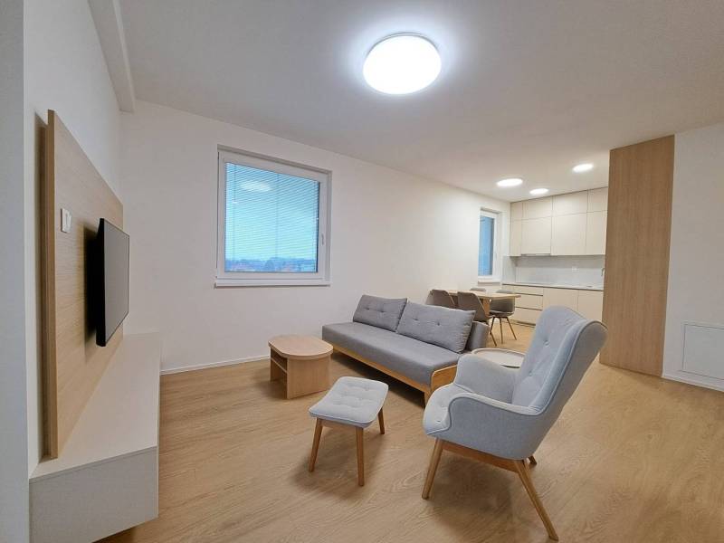 Obývací pokoj v 2-pokojovém bytě s podlahou s dřevěným dekorem a pohodlným sezením.