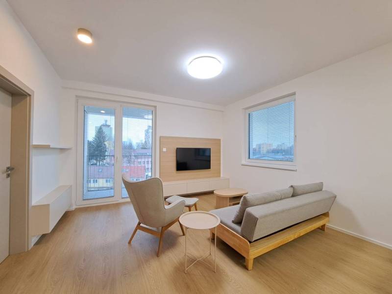 Obývací pokoj v 2-pokojovém bytě s podlahou s dřevěným dekorem, televizí a výhledem.