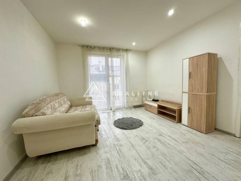 Obývací pokoj v 2-pokojovém bytě s pohovkou, skříňkou a podlahou s dřevěným dekorem.