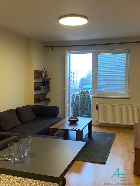 Obývací pokoj v 2-pokojovém bytě s pohovkou, stolem a podlahou s dřevěným dekorem.