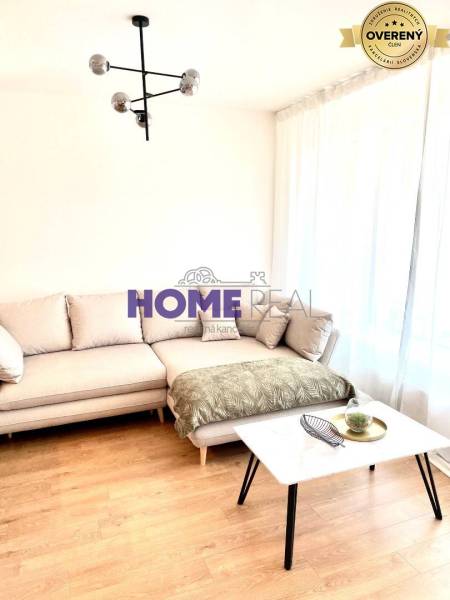 Obývací pokoj v 3-pokojovém bytě s pohovkou, stolkem a podlahou s dřevěným dekorem.