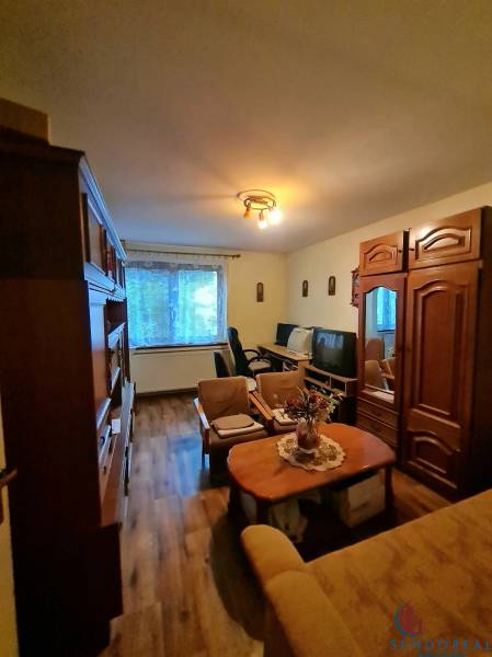 Obývací pokoj v rodinném domě s nábytkem a podlahou s dřevěným dekorem.