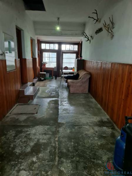 Chodba v rodinném domě s jednoduchým nábytkem, stěnou s dřevěným obložením a loveckými trofejemi.