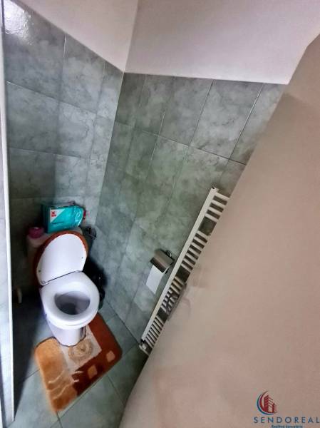 Koupelna s toaletou v rodinném domě, obložená zelenkavými dlaždicemi.