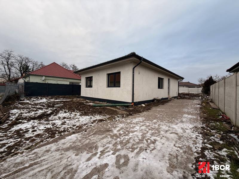 Rodinný dům v Senci s neudržovaným zasněženým pozemkem a betonovým chodníkem.