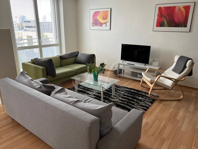 Světlý obývací pokoj s pohovkami, křeslem a televizí v dvoupokojovém bytě.