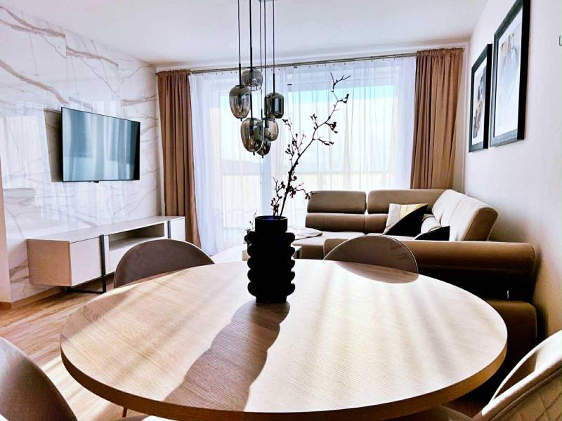 Obývací pokoj ve 3pokojovém bytě s podlahou s dřevěným dekorem a pohodlnou pohovkou.