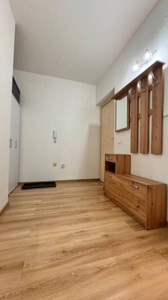 Předsíň v 2-pokojovém bytě s podlahou s dřevěným dekorem a dřevěným nábytkem.