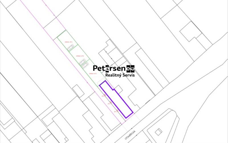 Mapa parcely na Litoměřické ulici v Topoľčiankách, označení pozemku.