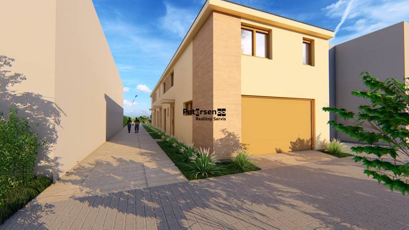 Vizualizace ulice Litoměřická v Topoľčiankách s řadovou zástavbou domů.