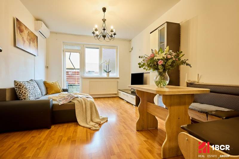 Obývací pokoj v 2pokojovém bytě s podlahou s dřevěným dekorem a pohovkou.