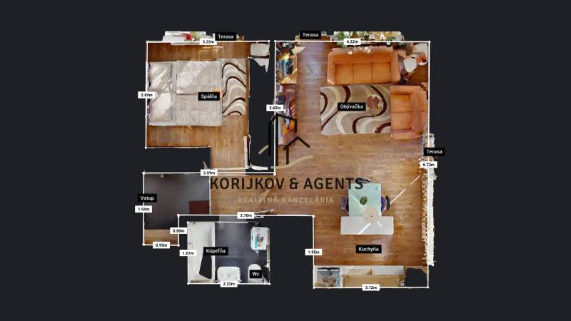 Půdorys zobrazuje 2-pokojový byt s ložnicí, obývacím pokojem, kuchyní a koupelnou.