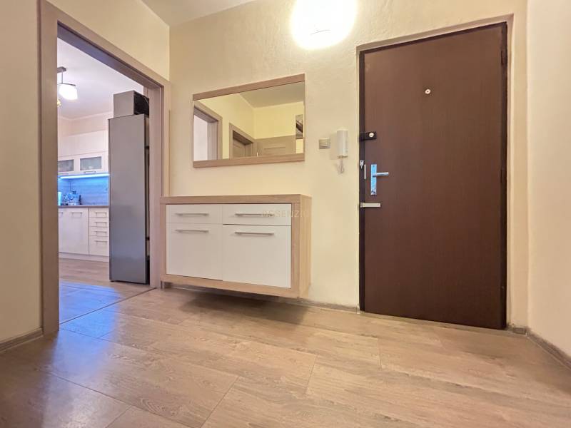 Chodba 2-pokojového bytu s podlahou s dřevěným dekorem a výhledem do kuchyně.