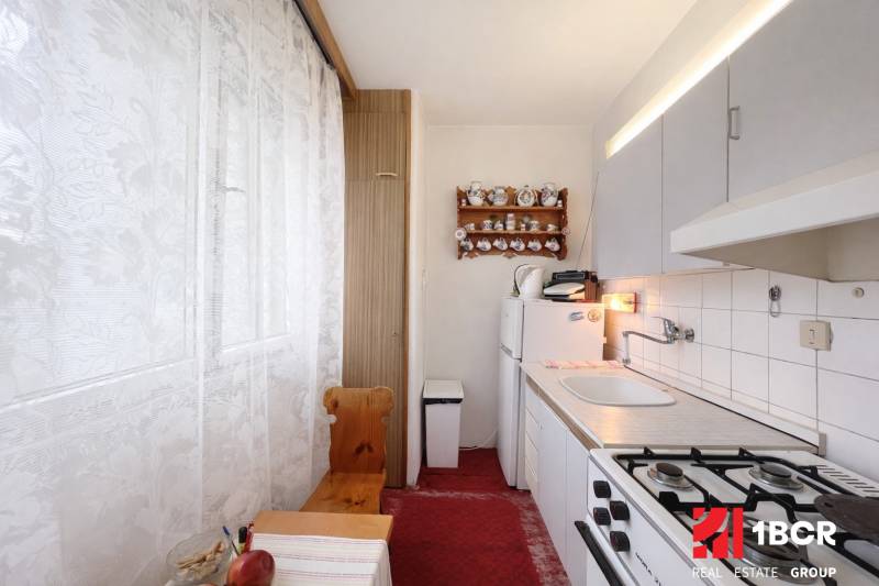 Útulná kuchyně s plynovým sporákem a rustikální dekorací v 1-pokojovém bytě.