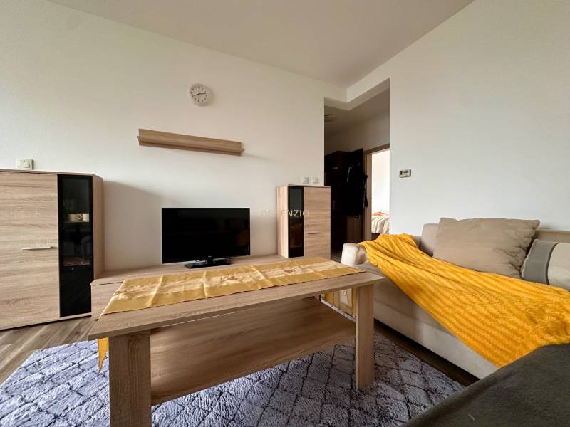 Obývací pokoj 3pokojového bytu s podlahou s dřevěným dekorem, sedačkou a TV stolkem.