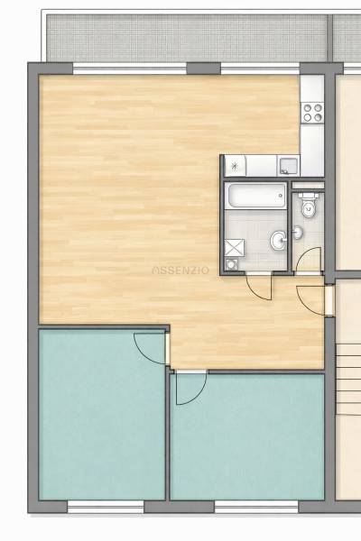 Půdorys 3-pokojového bytu s podlahou s dřevěným dekorem, kuchyně, koupelna a toaleta.