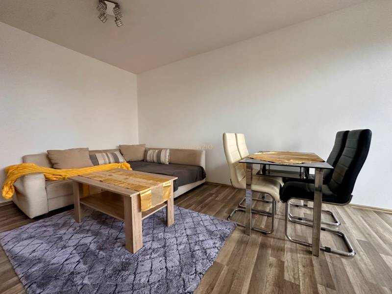 Obývací pokoj třípokojového bytu s pohovkou, stolem a podlahou s dřevěným dekorem.