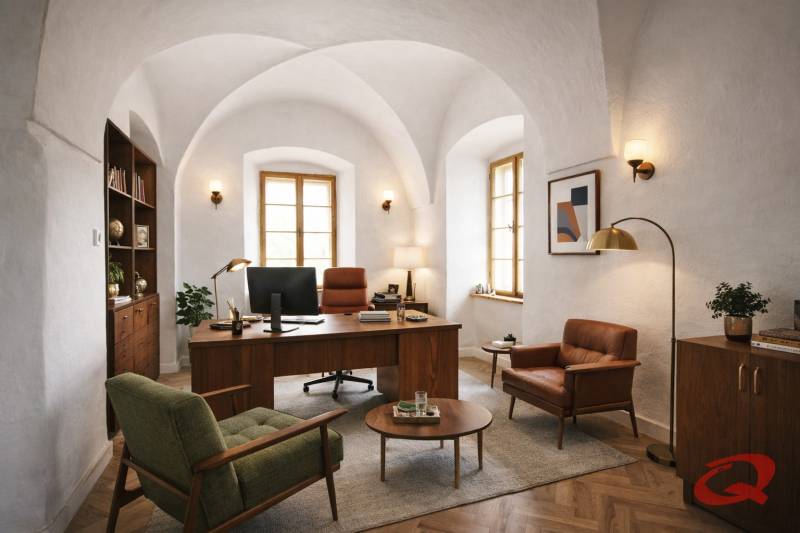 Interiér budovy s pohodlným nábytkem a podlahou s dřevěným dekorem.