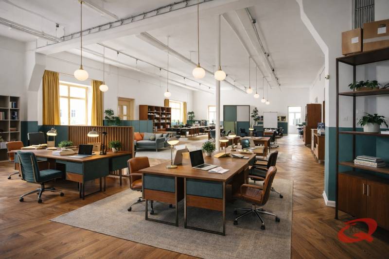 Interiér budovy s kancelářskými stoly, židlemi, podlahou s dřevěným dekorem a osvětlením.