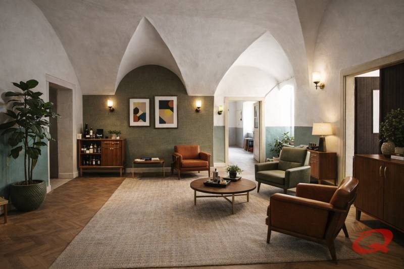 Interiér budovy s podlahou s dřevěným dekorem, pohodlným nábytkem a dekorativními prvky.