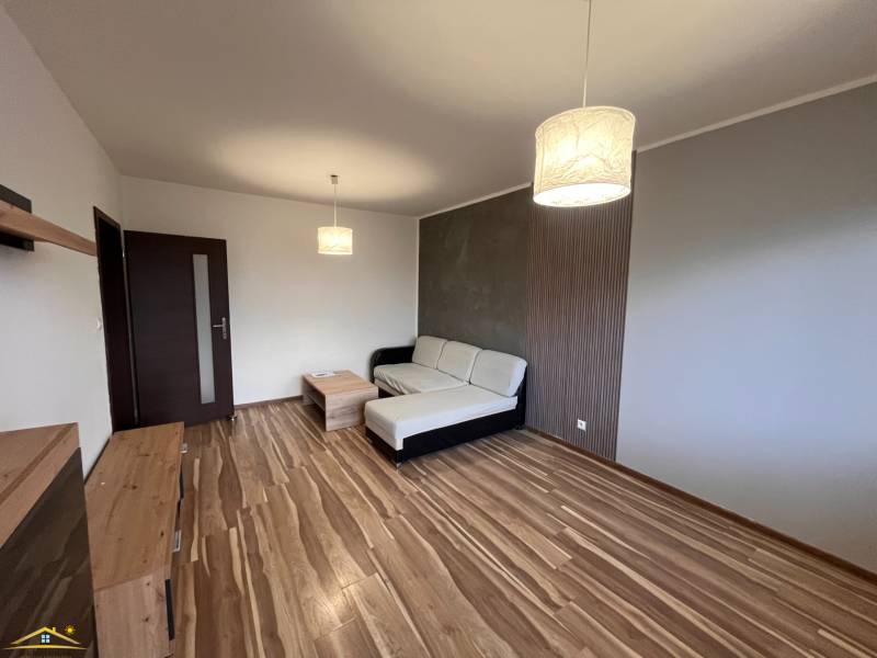 Obývací pokoj dvoupokojového bytu s podlahou s dřevěným dekorem, pohovkou a svítidlem.