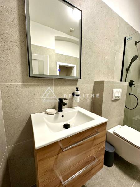 Koupelna v 2pokojovém bytě s umyvadlem, zrcadlem a sprchovým koutem.