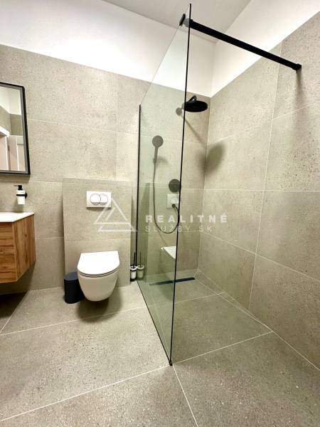 Koupelna v 2-pokojovém bytě se sprchovým koutem, toaletou a umyvadlem s dřevěným dekorem.