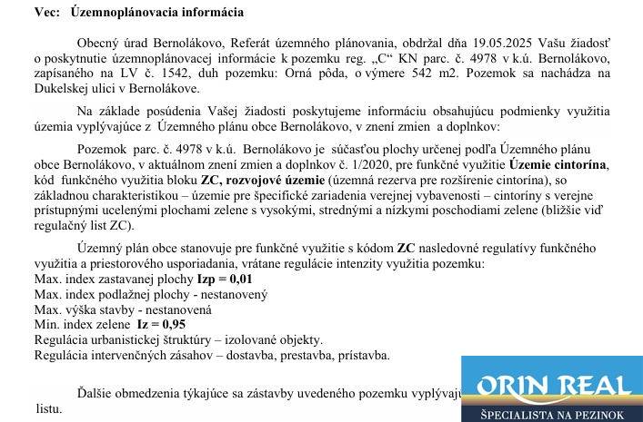 Územněplánovací informace pro Bernolákovo, Dukelskou ulici, týkající se komerčních pozemků.