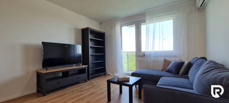 Obývací pokoj v 2-pokojovém bytě s pohovkou, televizorem a podlahou s dřevěným dekorem.