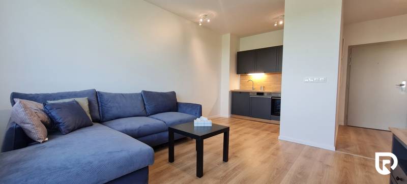 2-pokojový byt s modrou sedačkou, tmavou kuchyní a podlahou s dřevěným dekorem.