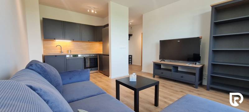 Obývací pokoj s kuchyňským koutem, šedou pohovkou a podlahou s dřevěným dekorem v 2-pokojovém bytě.