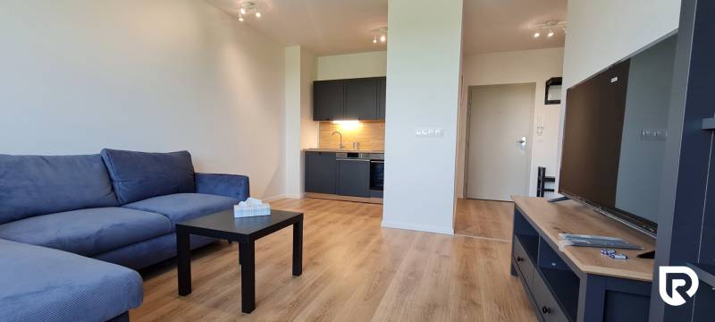 Obývací pokoj v 2-pokojovém bytě s modrou sedačkou, kuchyňským koutem a podlahou s dřevěným dekorem.