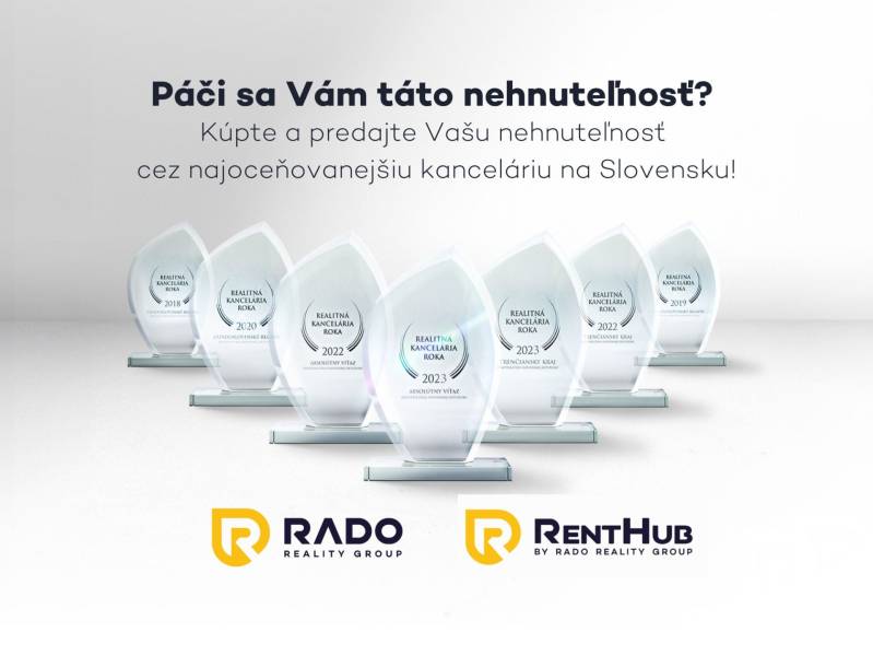 Ocenění realitní kanceláře RADO Reality Group s logem RentHub, text inzeruje služby.