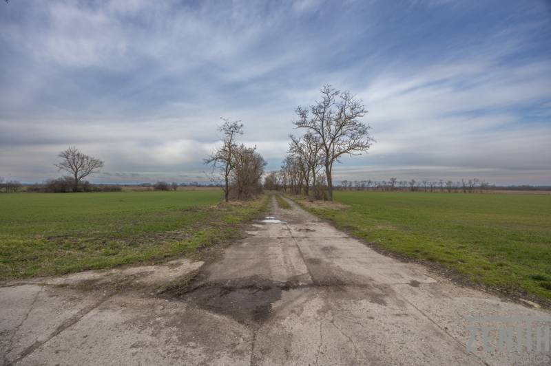 Polní cesta obklopená stromy na pozemcích určených k bydlení v Jatově na ulici Jatov.