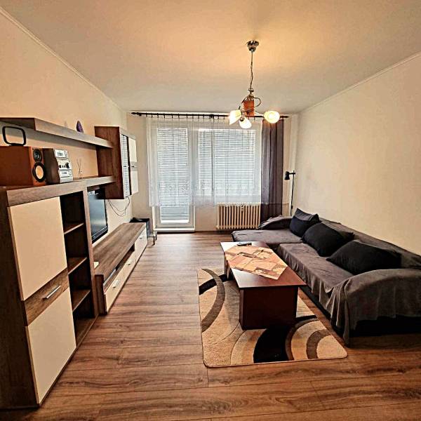 Obývací pokoj v 2pokojovém bytě s podlahou s dřevěným dekorem a pohovkou.